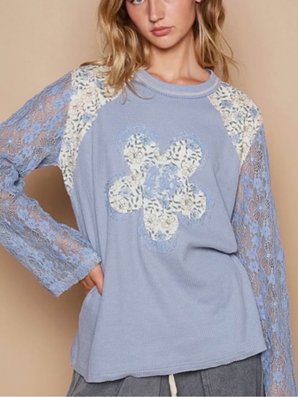 POL Light Blue Long-Sleeve Lace Floral Appliqué Top